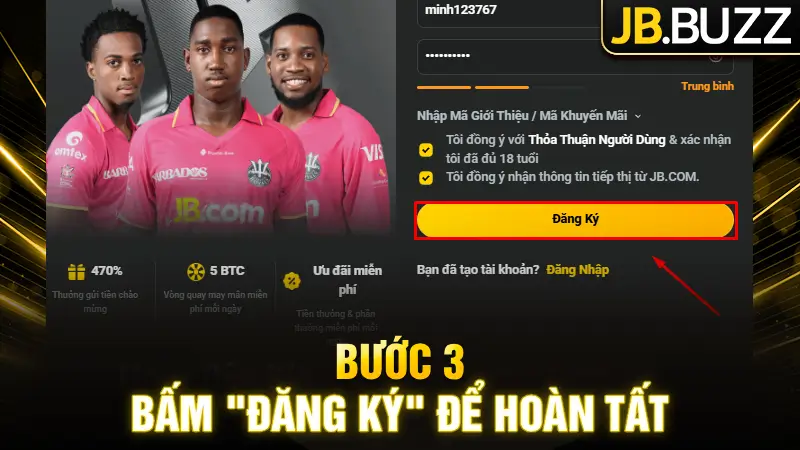 Bấm đăng ký để hoàn tất việc tạo tài khoản JB Casino